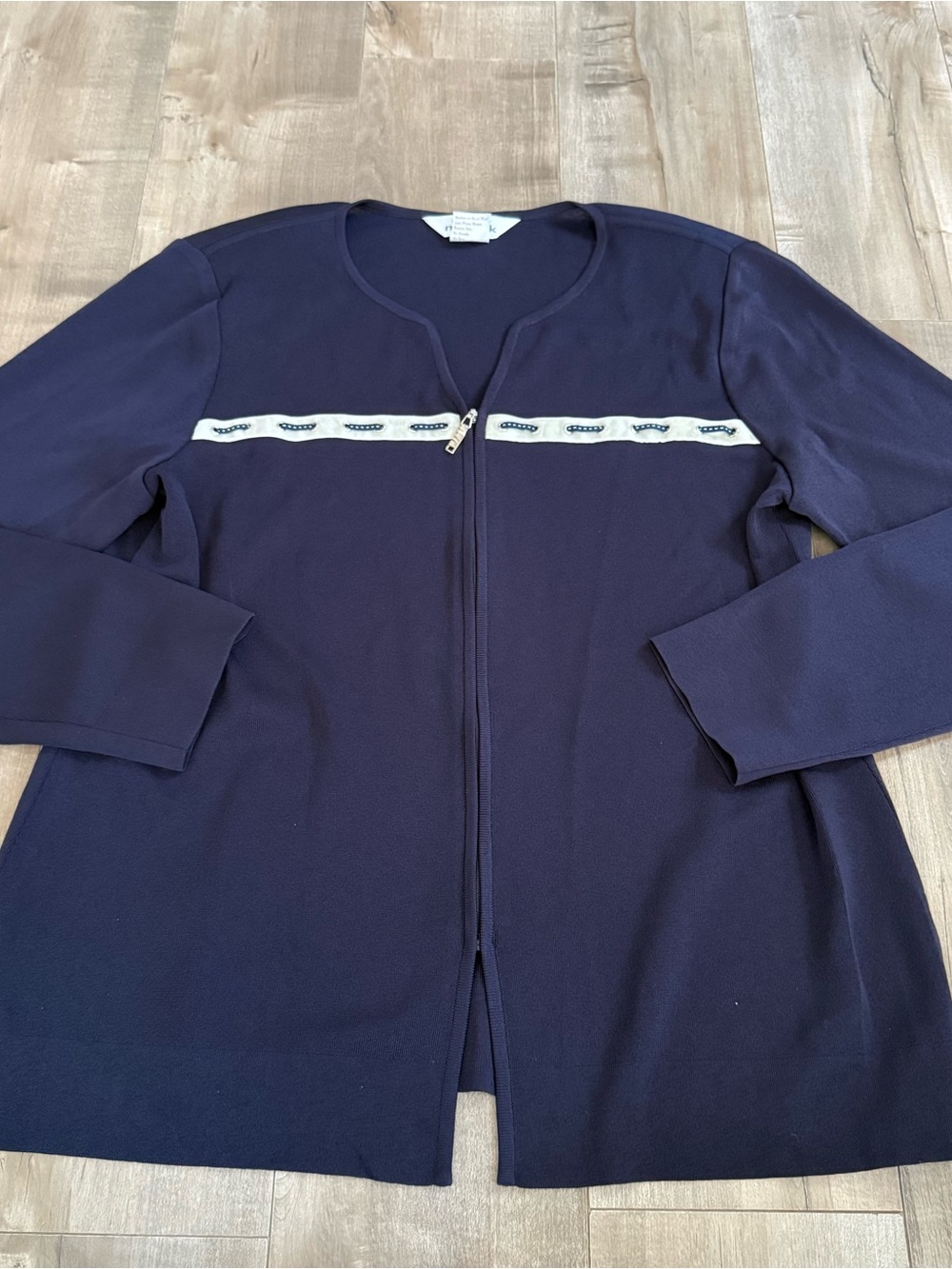 Exclusively Misook Cardigan Jacket Zip Large Navy Blue Zip Knit Velvet